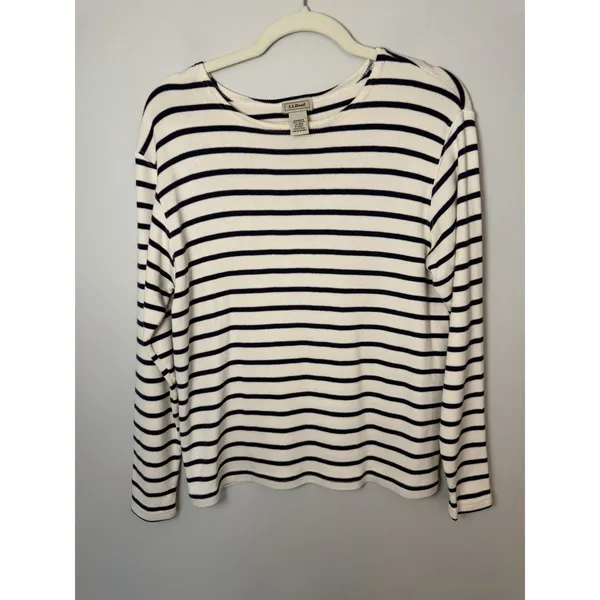LL Bean Boat Neck Stripe Tee Women's Sz L Cotton Nautical - Image 2
