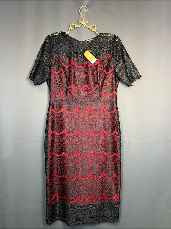 Suzanne Betro Red Black Lace Sheath Midi Dress XL NWT - Image 3