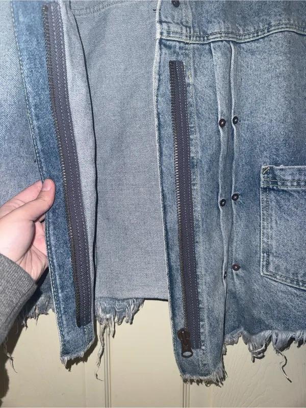 Free People Washed Light Blue Denim Jacket with Frayed Hem - Image 2