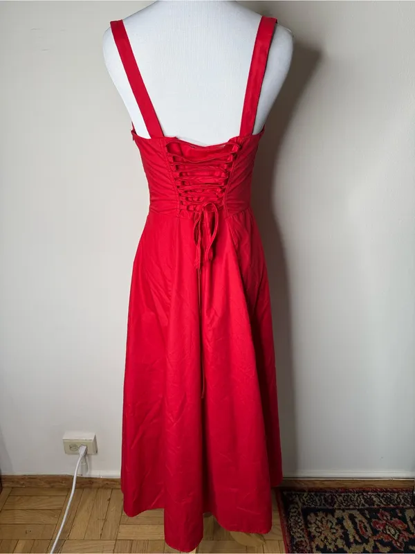 Peiran Red Cottagecore Corset Tie Front Midi Dress - Image 5