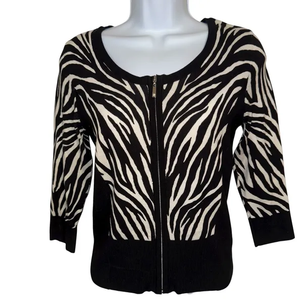WHITE HOUSE BLACK‎ MARKET Zebra Print Zip Front Cardigan 3//4" Sleeve Sweater XS - Image 2