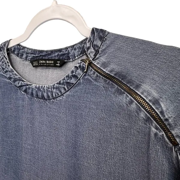 Zara Basic Long Sleeve Denim Shift Tunic Dress Shoulder Zip Blue Womens Size S‎ - Image 6
