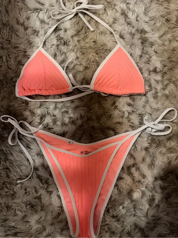 Aerie Coral Ribbed Triangle Bikini with White Trim - Image 3