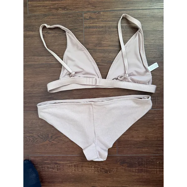 Aerie Ribbed Triangle Bikini Set Mauve Champagne Two Piece Swimsuit Large - Image 2
