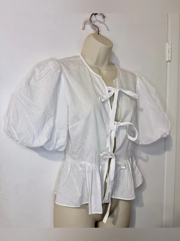 Playa Lucila White Puff Sleeve Peplum Tie Front Blouse S - Image 3