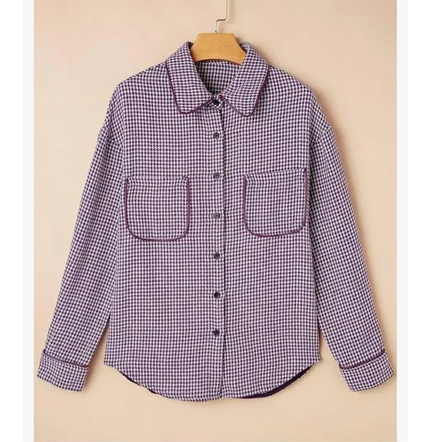 NEW Houndstooth Shacket Jacket Long Sleeve Button Down Shirt XL Purple - Image 6