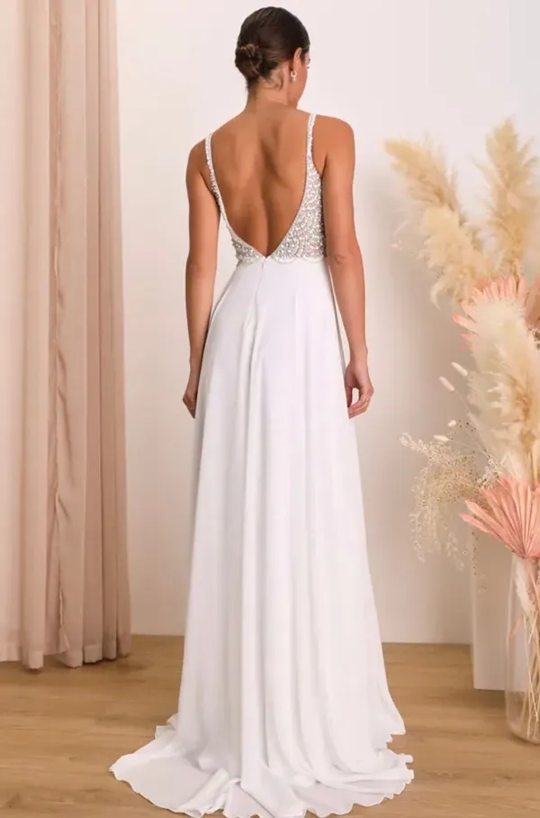 NWT Lulus Size 6 True Love White Beaded Rhinestone Maxi Dress Wedding Gown - Image 3
