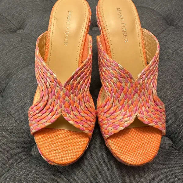Marc Fisher Pink and Orange Woven Espadrille Wedge - Image 2