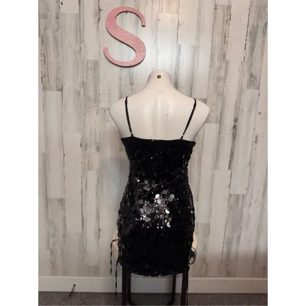 AKIRA Black Sequin Lace Up Mini Dress Womens Size Small S Spaghetti Strap Bodyco - Image 3
