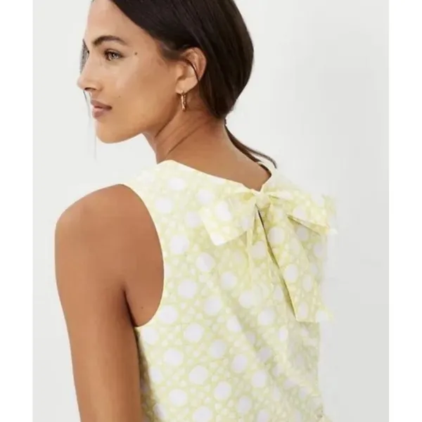 Ann Taylor Rattan Peplum Top Lemon Twist Yellow White Tie Back Bow Preppy Size M - Image 4