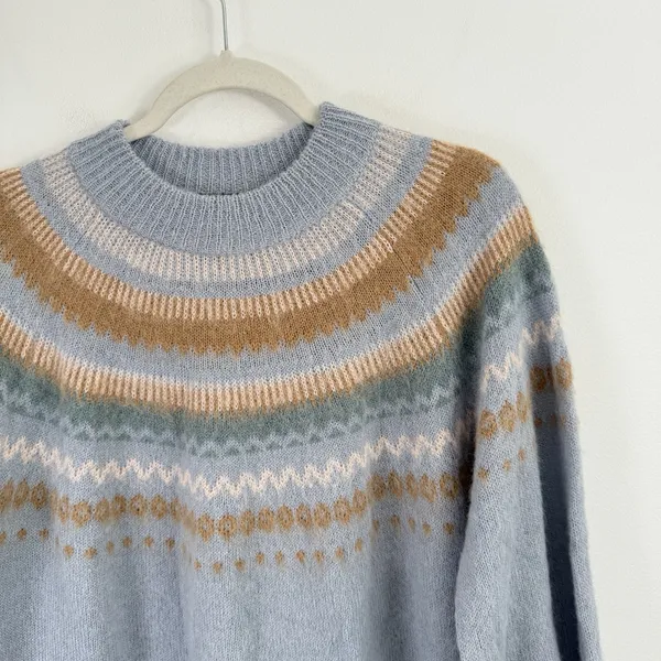 J Crew Fair Isle Yoke Puff Sleeve‎ Sweater Blue Alpaca Wool Womens Medium - Image 4