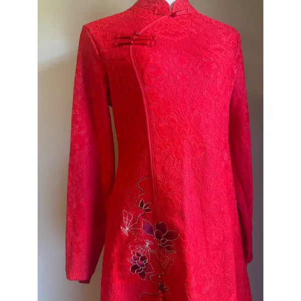 Red Floral Lace Cheongsam Qipao Dress Long Sleeve Tassel Embroidery Small whimsi - Image 2