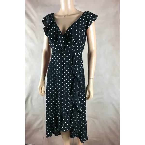 SANGRIA Black/White Ruffled Polka Dot Midi Dress Size 2 - Image 7