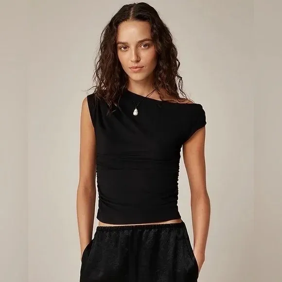 NWT!! J. CREW Stretch Cotton Blend Off the Shoulder Top Solid Black XXS XX-Small - Image 4