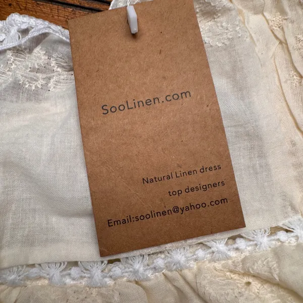 SooLinen Natural Linen Embroidered Eyelet Lace Halter‎ Mini Dress Cream Boho - Image 4