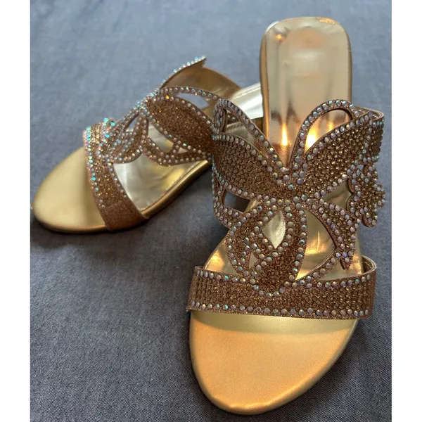 Gold Rhinestone Butterfly Slide Sandals Architectural Crystal Block Heel - Image 8