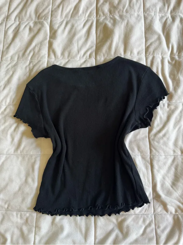 Reformation Black Ribbed Lettuce-Edge Crop Top - Image 2