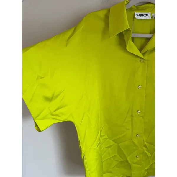 Essentiel Antwerp Button Down Shirt Women M Lime Green Satin Boxy Blouse - Image 6