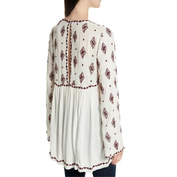 Free People Embroidered Diamond Top Mini Dress Cream Burgundy size S - Image 3