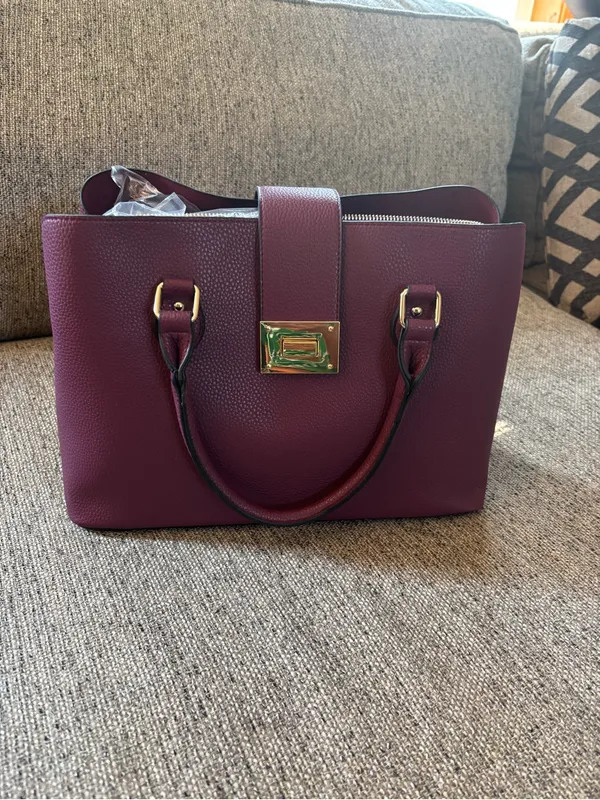 Kelly & Katie Plum Pebbled Satchel with Gold Hardware and Detachable Strap - Image 4