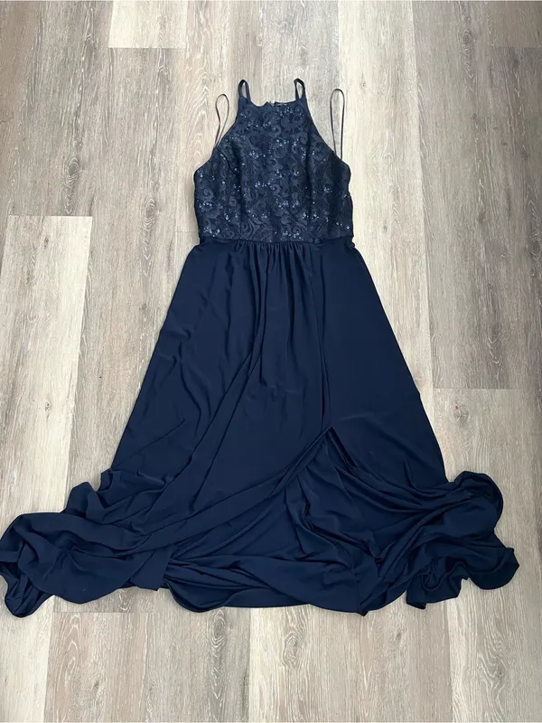 Morgan & Co Navy Lace Sequin Halter Maxi Gown Prom Evening Formal Dress Junior 7 - Image 3