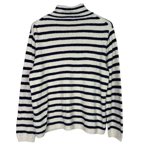 J. Crew Striped Knit Boucle Mock Neck Long Sleeve Sweater L Cream Navy Blue - Image 4