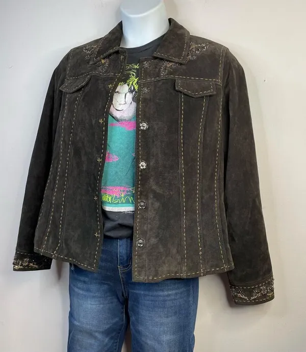 Coldwater Creek Y2K Brown Suede Leather Western Cowgirl Embroidered Jacket L - Image 11