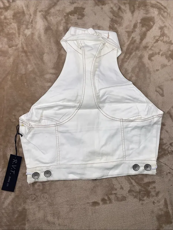 Vintage Y2K R.V.T. White Zip-Front Halter Denim Vest - Image 3
