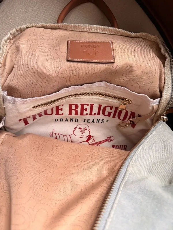 Denim Backpack True Religion Buddha Multi Pocket Light Blue Y2K Streetwear - Image 8