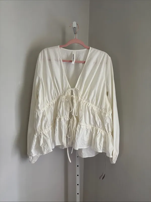 Missguided Tiered Ruched Balloon Long Sleeve Blouse Size L Drawstring Gathered - Image 4