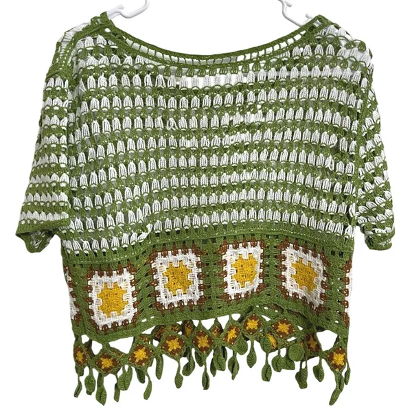 Crochet Granny Square Fringe Crop Top Green White Boho Festival Beach Cover Up L - Image 2