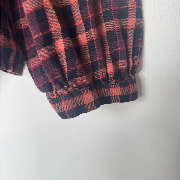 Madewell Plaid‎ Ruffled Sqaureneck Gingham Red and Black Top Size L Cotton - Image 5
