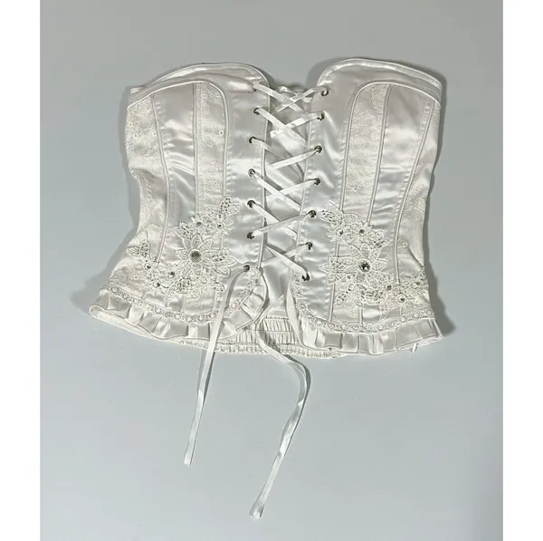 White Satin Silk Embroidered Floral Tie-Up Bridal Corset Top Bustier Lingerie Size S/M 🤍 - Image 3