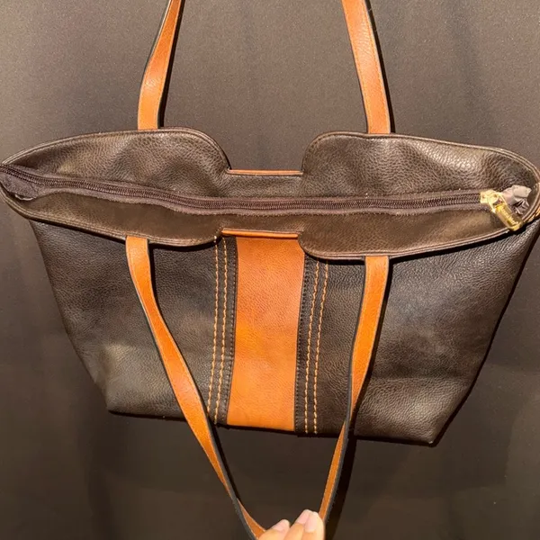 Montana West Brown and Tan Tote Bag with Contrast Stitching, Faux Leather - Image 9