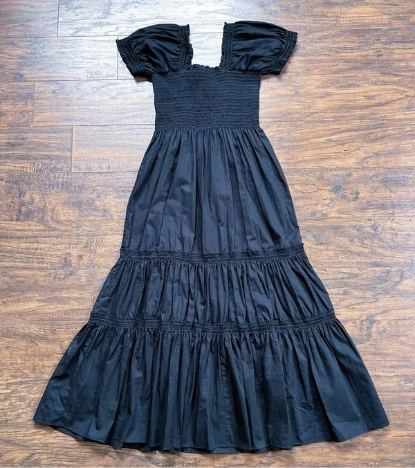 Anthropologie O.P.T. • Daphne Square Neck Smocked Maxi Dress black cotton poplin tiered - Image 11