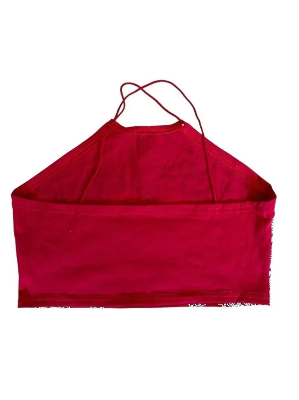 Romwe Red and White Bandanna Halter Cropped Top - Image 2