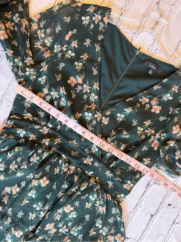 Lulu's Dark Cottagecore Green Floral Print Long Sheer Sleeves Mini Dress Medium - Image 4