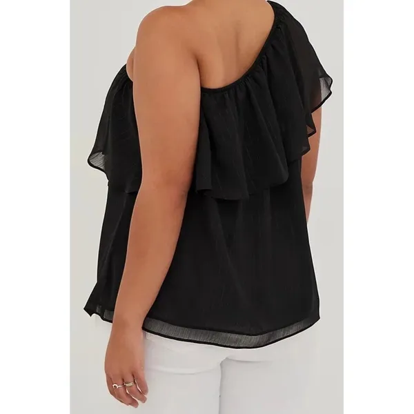 Torrid Black Metallic Lurex One Shoulder Ruffle Blouse Chiffon Party Top 0 L 12‎ - Image 3