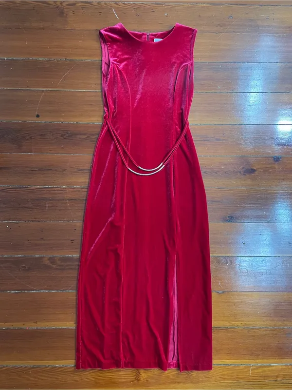 Vintage Giorgio Fiorlini Red Velvet Maxi Dress Silver Waist Detail Sz 5/6 💚🎀 - Image 9