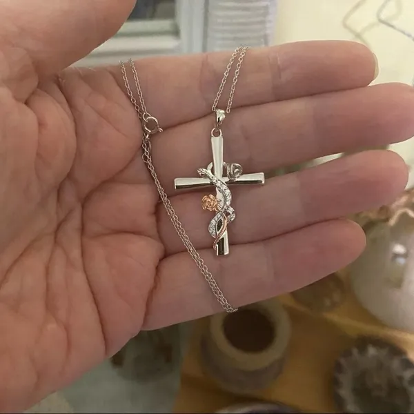 Flower Wrapped Sterling Silver Cross Two Toned Necklace - Image 3