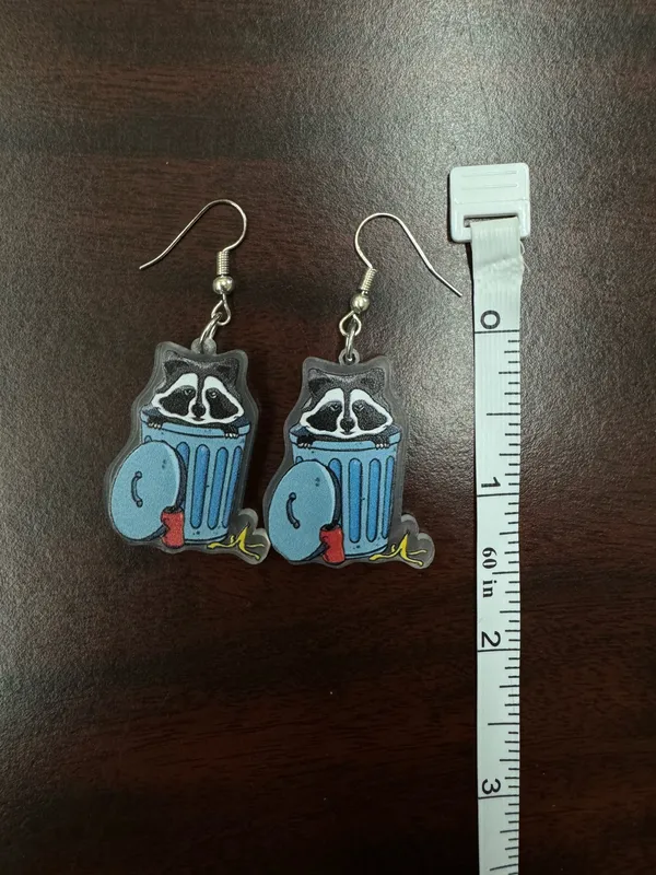 Trash Panda Raccoon in Trashcan Acrylic Dangle Earrings - Image 2