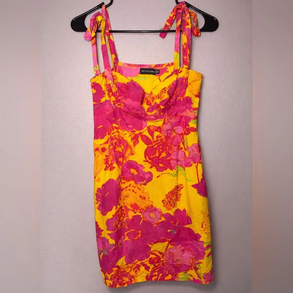 PrettyLittleThing Yellow & Pink Floral Tie-Shoulder Mini Dress - Image 2