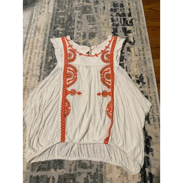 Free People White Orange Embroidered Boho Sleeveless Blouson Top Blouse - Image 3