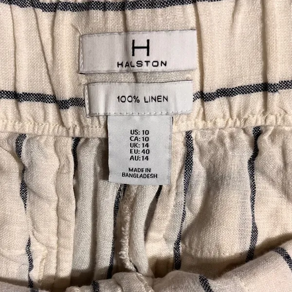 HALSTON Women's Wide Leg 100% Linen Pants Cream Navy Stripe Tie‎ Waist Size 10 - Image 6