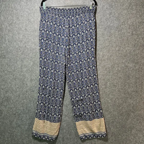 Roz & Ali Blue Floral Boho Wide Leg Border‎ Print Rayon Pants Pull-On M - Image 8