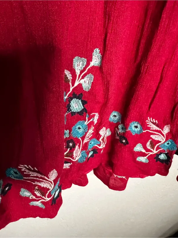 Free People Te‎ Amo Red Blue Floral Embroidered V Neck Babydoll Mini Dress - Image 5