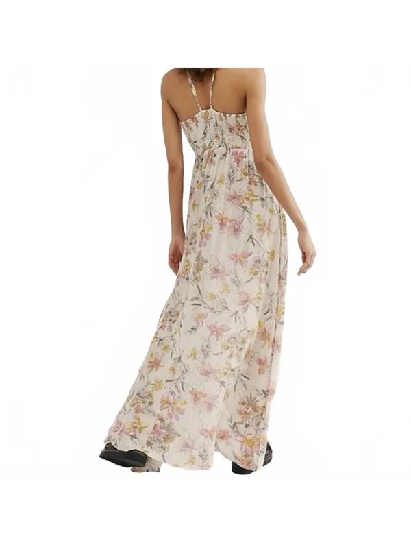 Free People One Step Ahead Maxi Dress Floral Smocked Slip Pebble Cream Women XS - Image 2