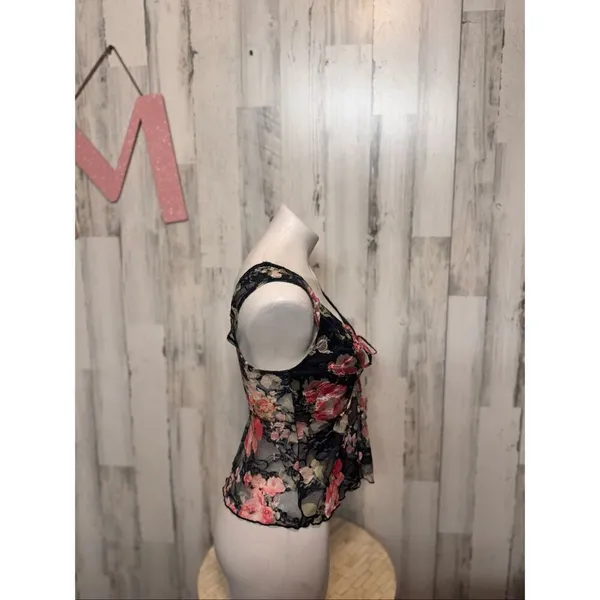 Rebellious Dreamer Floral Lace Tie Front Sleeveless Top Medium Sheer Black Pink - Image 5