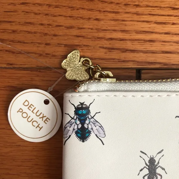 Luxe Deluxe Cream Pouch with Insect Butterfly Design Faux Leather Cosmetic Bag NWT - Image 2
