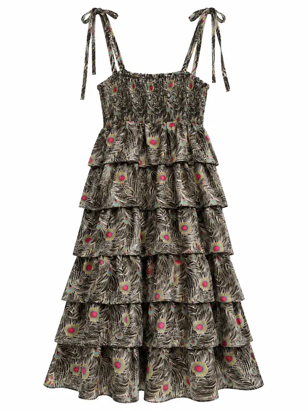 Liberty of London Target Sundress Womens Small Grey Peacock Tiered Ruffle EUC - Image 2
